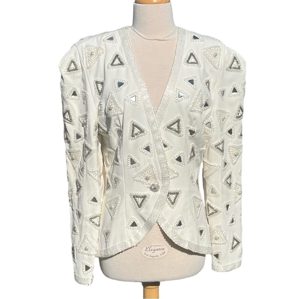 VTG Beaded Evening‎ Jacket Heavily Embellished Winter White Pearl Triangle Sz 10